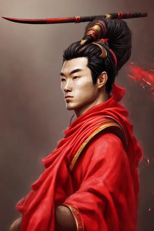 Image similar to a masterpiece portrait of nezha, red cloth around his shoulders, hold spear, cinematic, fantasy character portrait, highly detailed, by ne zha ( 2 0 1 9 ), fenghua zhong,