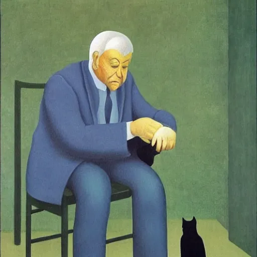 Prompt: old man and cat, by rene magritte