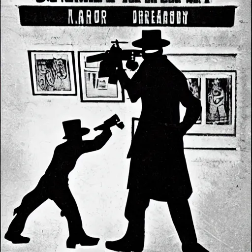 Image similar to noir barney fights an orphanage with a gun