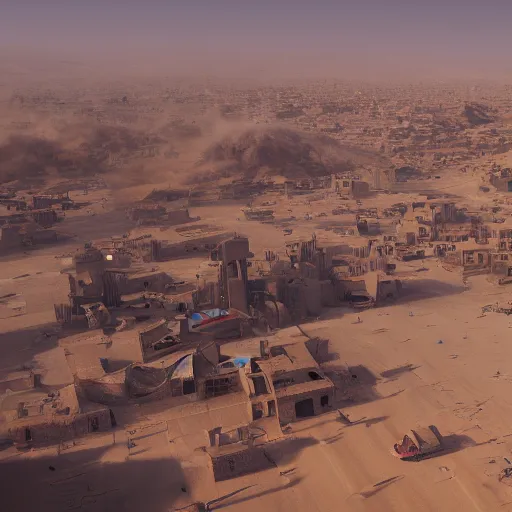 Image similar to drone shot of dusty old town in the middle of desert surrounded by sandstorm, scorching heat, sun, midday, concept art, sharp, artstation, cgsociety