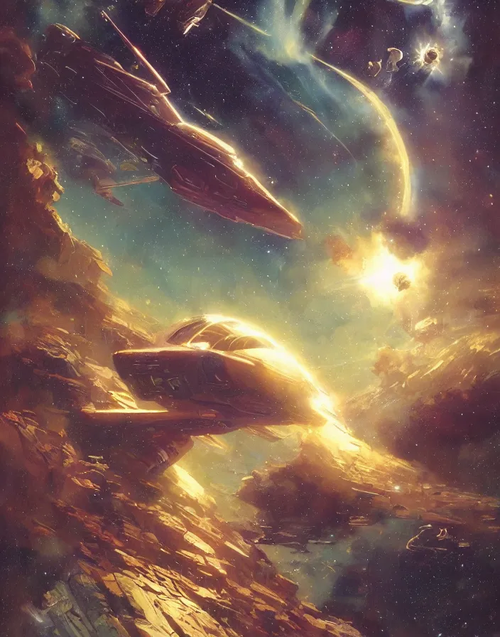 Image similar to vintage sci - fi cover magazine by moebius and greg rutkowski, giant spaceship, nebulae, starry sky