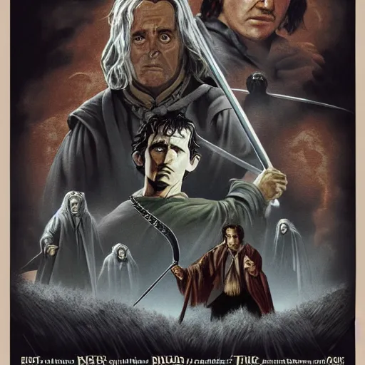 Image similar to lord of the rings, in style of the army of darkness poster