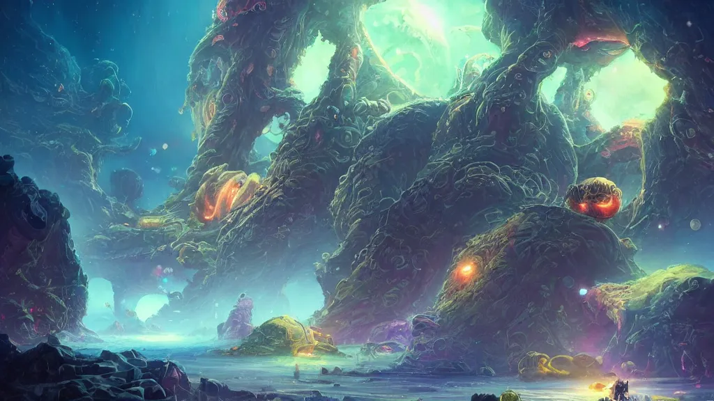 Image similar to Astronauts have a treasure with them, they take over the giant Cthulhu, they are over the ring of the gas planet, this is an extravagant planet with wacky wildlife and some mythical animals, the background is full of nebulas and planets, the ambient is vivid and colorful with a terrifying atmosphere, by Jordan Grimmer digital art, trending on Artstation,