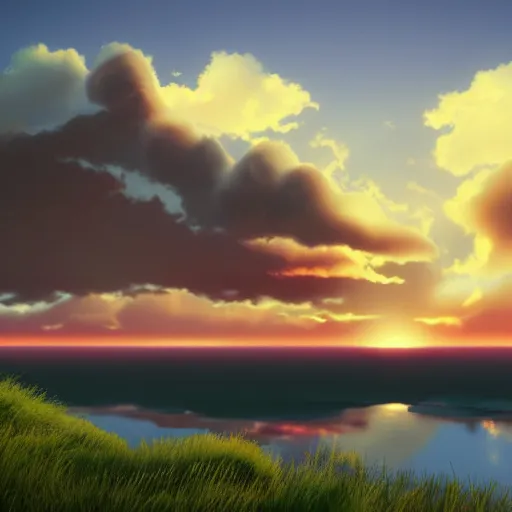 Image similar to peaceful puffy cloud with sunset in the background, matte painting, trending on artstation, artstationHQ, unreal engine, 4k, 8k, anime style