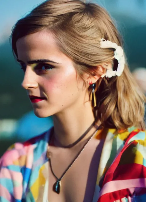 Image similar to Retro color photography portrait of Emma Watson at Cochella 2019 Cinestill 800T, 1/2 pro mist filter, and 65mm 1.5x anamorphic lens