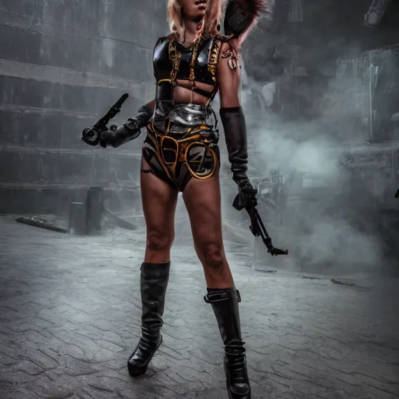 Image similar to full length photo of a very beautiful female atompunk warrior, 8 k, hdr, smooth, sharp focus, high resolution, award - winning photo