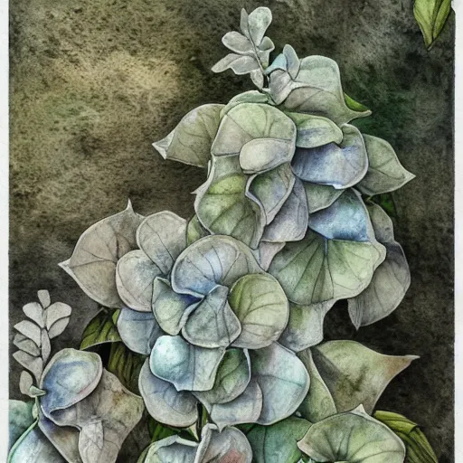 Image similar to delicate marble in a garden, stony, puffy, botanical herbarium paper, botanic, watercolor colored painting, pencil, iridescent colors, 8 k, realistic shaded, fine details, artstation, italian, colonnade, hydrangea, vines, gardena architecture, pompeii