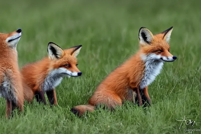 Image similar to Foxes playing in a meadow, fox pups, animal photography, close up shot