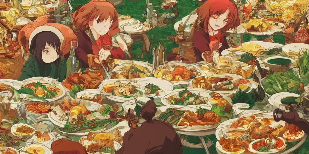 Prompt: A feast for a king, very detailed, anime, Delicious, Plump, Juicy, Hot Food, large white border, hd, high resolution print :1 Red, Gold and Green by Sachin Teng, Hayao Miyazaki, Nausicaa, studio Ghibli style, Anime wallpaper, cell shading, trending on deviant art :1