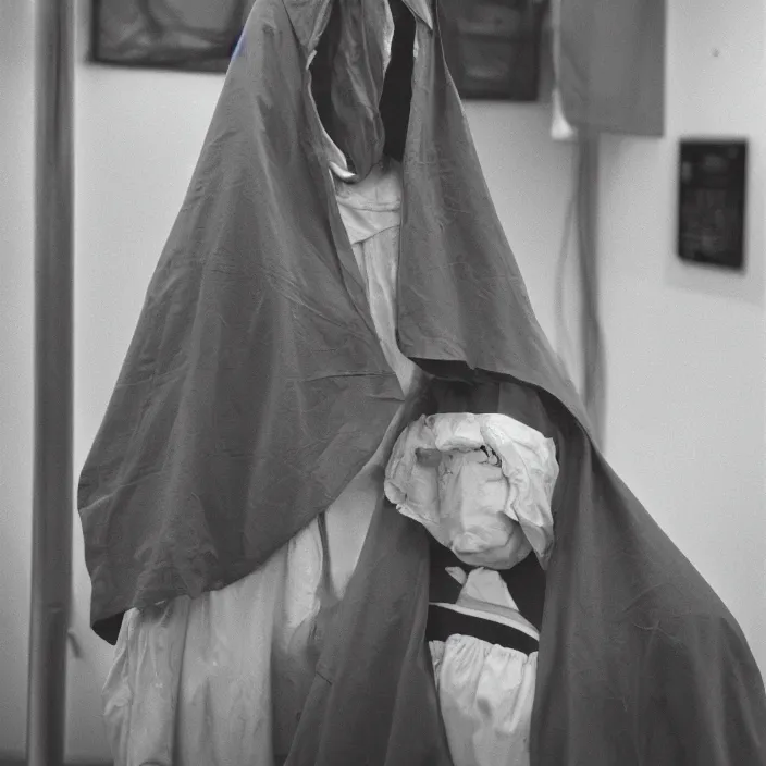 Image similar to a woman wearing a hood made of wire and plastic, in a laundry mat, color photograph, by paula rego, canon eos c 3 0 0, ƒ 1. 8, 3 5 mm, 8 k, medium - format print