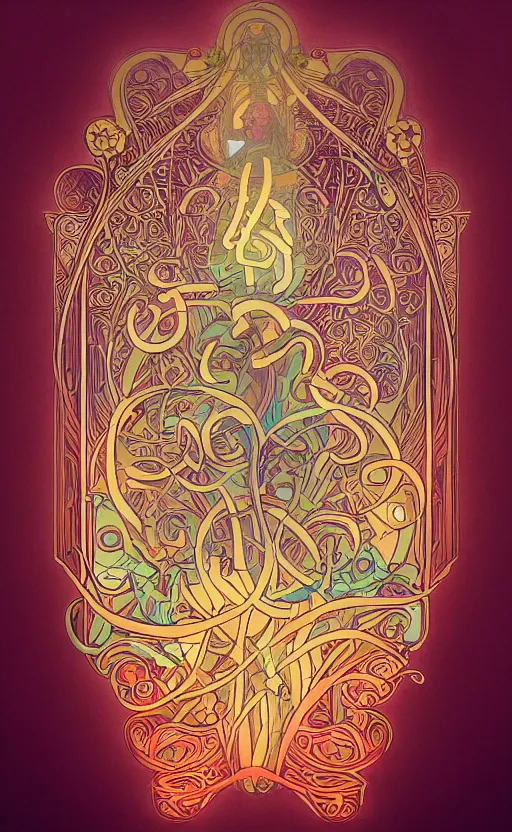 Image similar to code : art nouveau, alphonse mucha, glowing, runes, neon, pastel, floral print pattern, epic, 3 ds max + v - ray, deep depth of field, elegant, dark background, symmetrical, extremely detailed