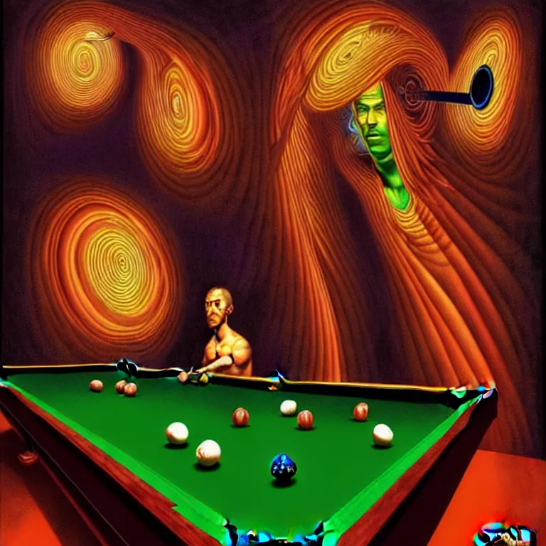 Image similar to portrait of god playing pool in a vortex, highly detailed digital art, by alex grey, chiaroscuro, awe inspiring