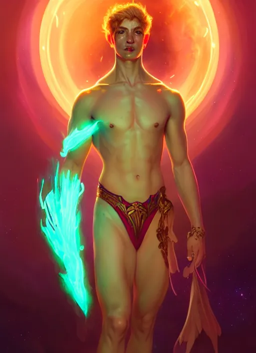 Image similar to a male faceless glowing liquefied stardust adventurer, dnd fantasy character, full body portrait, glowing neon skin, magical aura, ultra realistic, intricate, elegant, highly detailed, digital painting, artstation, smooth, sharp, focus, illustration, art by artgerm and greg rutkowski and alphonse mucha