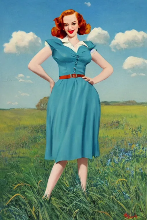 Prompt: full body portrait of christina hendricks in the style of bill medcalf, green grass, blue sky with a few clouds, retro, 1 9 5 0, 4 k, detailed, 1 / 3 headroom, rule of thirds