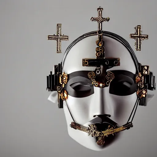 Image similar to a beautiful cyborg made of catholic symbols ceremonial maske