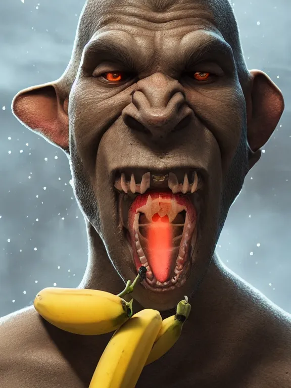 Image similar to portrait art of an orc using a banana as a phone, 8k ultra realistic , lens flare, atmosphere, glow, detailed, intricate, full of colour, cinematic lighting, trending on artstation, 4k, hyperrealistic, focused, extreme details, unreal engine 5, cinematic, masterpiece