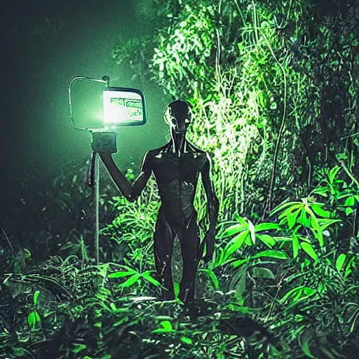 Prompt: an amatir photo capturing alien on jungle at night, candid