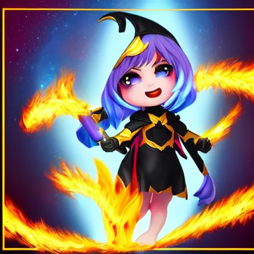 Prompt: cute pvc figure of a chibi sorceress casting flare maxima, the most powerful incinerating spell in the universe, lens flare, motion blur, artstation