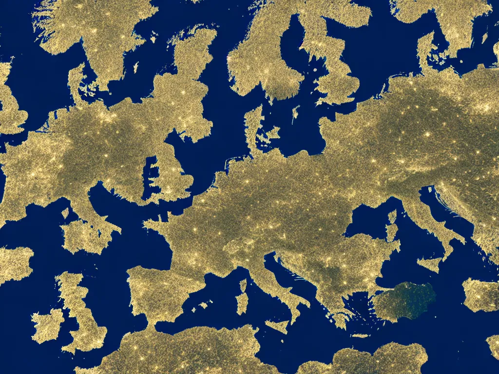 Prompt: satellite view of europe with a gigantic super computer visible from space, artstation, volumetric light, high detail, reflections, perfect, concept art, hdr, 8 k