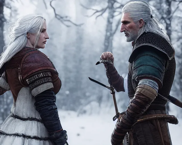 Prompt: 5 5 mm portrait photo of geralt arguing with yennefer of vengerberg. magical atmosphere. art by greg rutkowski. highly detailed 8 k. intricate. lifelike. soft light. nikon d 8 5 0.