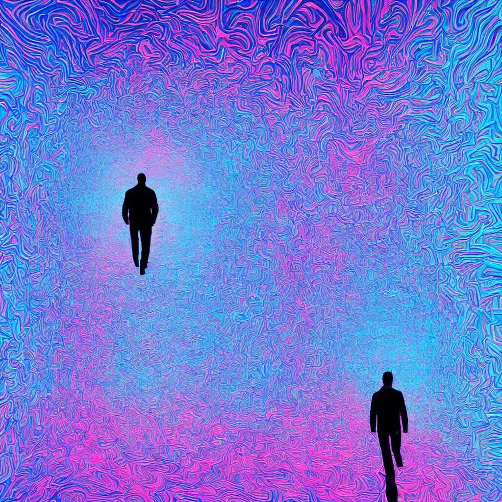 Prompt: Trippy perspective of a man walking. Bottom-up view. Beautiful blue and pink lighting. Highly detailed digitial art. Trending on Behance.