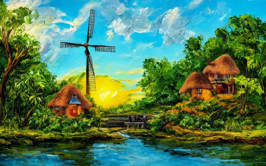 Prompt: a small island with a cozy cottage, tropical forest, river, waterfall, windmill, garden courtyard, sunset, puffy clouds, dynamic lighting, thick brush strokes oil impasto painting