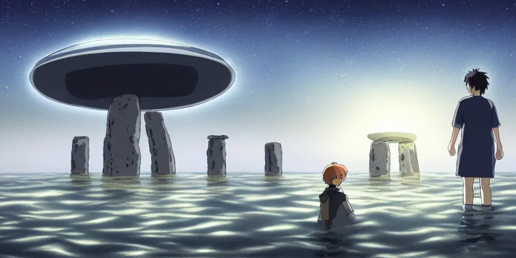 Image similar to a cell - shaded studio ghibli concept art of a giant silver hovering ufo shining a spotlight on a middle eastern merchant in a flooded stonehenge desert on a misty starry night. very dull colors, asymmetrical, hd, 4 k, hq