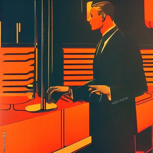 Prompt: man in futurist 6 0 ´ s lab, machines and futurist robots, red lights, leyendecker style, black suit, futurism