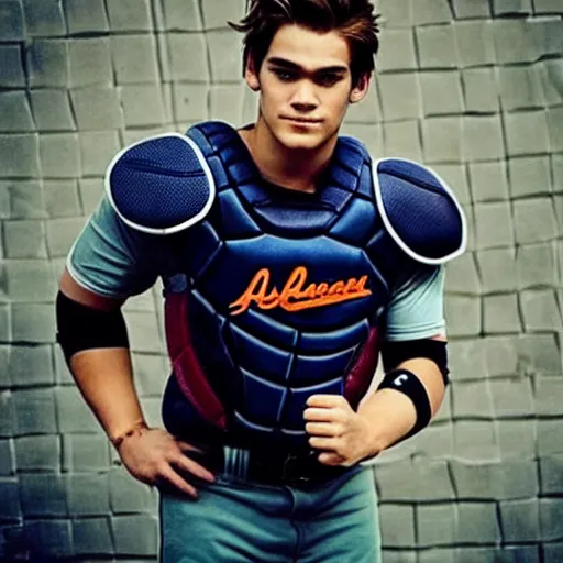 Image similar to “a realistic photo of a guy who is an attractive baseball player man who is part cyborg and part humanoid, who is a robot, KJ Apa”