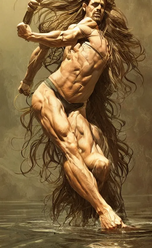 Image similar to the god of the lake, 30 years old, rugged, long hair, male, gorgeous, detailed face, amazing, thighs!!!!!!, muscular, intricate, highly detailed, digital painting, artstation, concept art, sharp focus, illustration, art by greg rutkowski and alphonse mucha