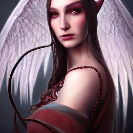 Image similar to perfectly - centered close - up face - portrait of evil fallen angel with long horns wearing a dress, the perfect human female specimen, intricate, elegant, super highly detailed, professional digital painting, artstation, concept art, smooth, sharp focus, no blur, no dof, extreme illustration, unreal engine 5, 8 k, by anne stokes