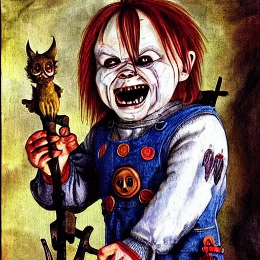 Image similar to fantasy painting of chucky by judson huss and henriette grindat and albrecht durer | horror themed | creepy