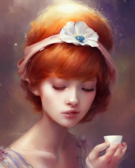 Prompt: maid cafe serving tea, perfect face, bonnet, elegant dress, ginger hair, cinematic, stunning, highly detailed, digital painting, artstation, smooth, hard focus, illustration, art by jessica rossier and and brian froud