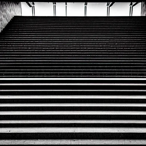 Image similar to black and white surreal photograph, highly detailed vast space made of stairsteps, sideview, detailed textures, natural light, mist, architecture photography, film grain, soft vignette, sigma 1 4 mm f / 1. 4 1 / 1 0 sec shutter, imax 7 0 mm footage