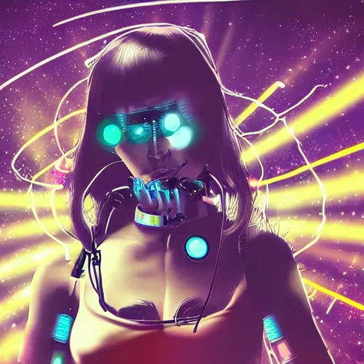 Prompt: art of female cyborg playing techno music, choker, wires, trippy space background, realistic