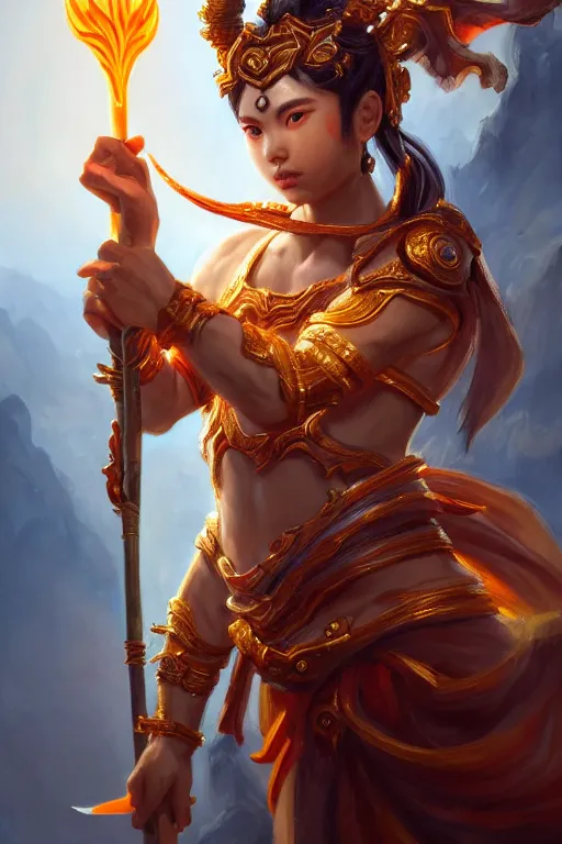 Image similar to a masterpiece portrait of nezha, legendary god holding spear, boy, flame everywhere, epic pose, fantasy character portrait, closeup shot, hyper detailed, digital painting, 8 k realistic, trending on artstation, sharp focus, dof, by fenghua zhong, artgerm, ne zha from smite, jeff easley, raymond swanland