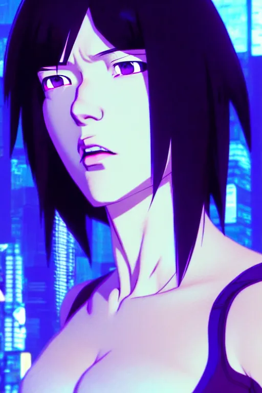 Prompt: a film still portrait of a motoko kusanagi ghost in the shell, finely detailed features : : gits sac 2 0 4 5, netflix : : by ilya kuvshinov, rossdraws, artgerm, sola digital arts, octane render, production ig, volumetric lighting, anti aliasing, raytracing : :