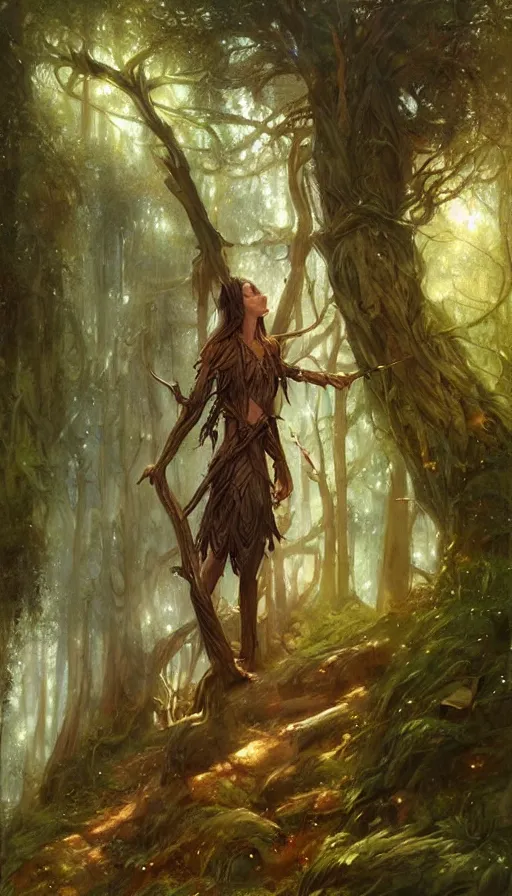 Prompt: Realistic painting of a high fantasy wood elf wizard in a magical forest clearing by Greg Rutkowski, Boris Vallejo, Artgerm, Donato Giancola, Jean Baptiste Monge, dramatic lighting