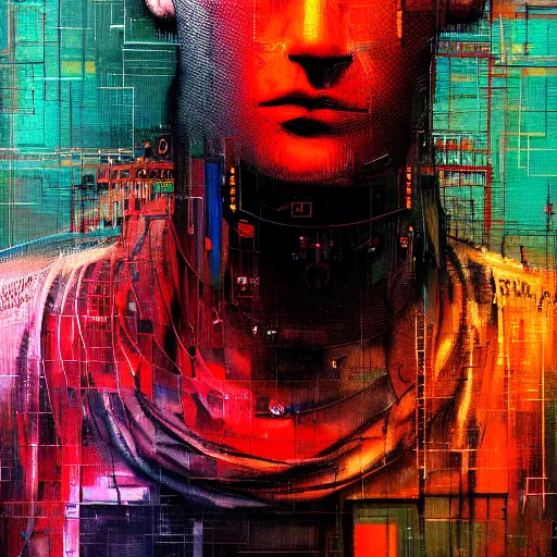 Prompt: hyperrealistic portrait of a cyberpunk man in cyberspace, by Guy Denning, Johannes Itten, Russ Mills, hacking effects, detailed lines, color blocking!, acrylic on canvas, insane detail, intricate, front view, symmetrical, octane, concept art, abstract, artistic, 8k, cinematic, trending on artstation