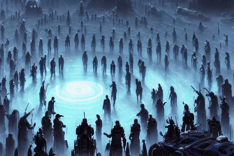 Image similar to high angle view of a crowd of androids walking in a line along a spiral path towards an ancient alien portal, pilgrimage, in mad max style, stargate, coriolios rpg art style, full of details, dark sci - fi, cold blue colors, matte painting, artstation, 8 k, hyperrealistic, style of peter mohrbacher