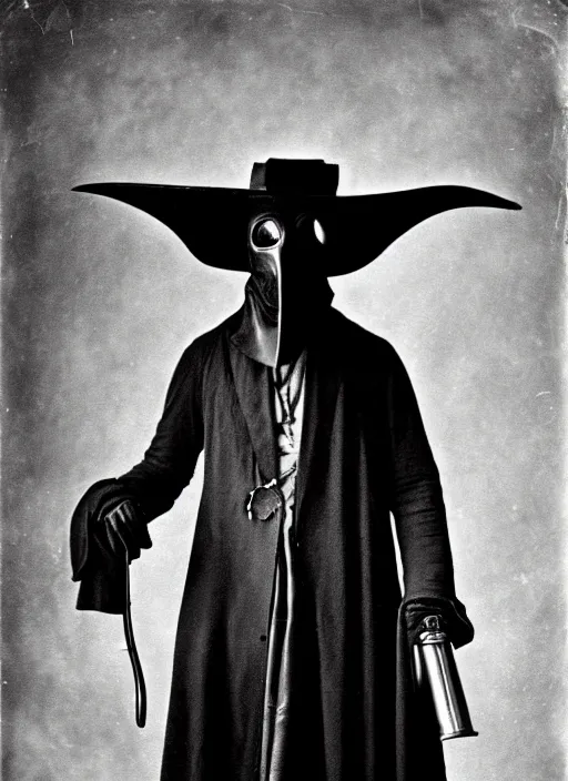 Image similar to 1910s photograph of a futuristic plague doctor in Steampunk leather high fashion Gothic bespoke couture storybook wide shot taken on A poloroid photograph from a large format camera Daguerreotype from the year 3020 in Kodachrome