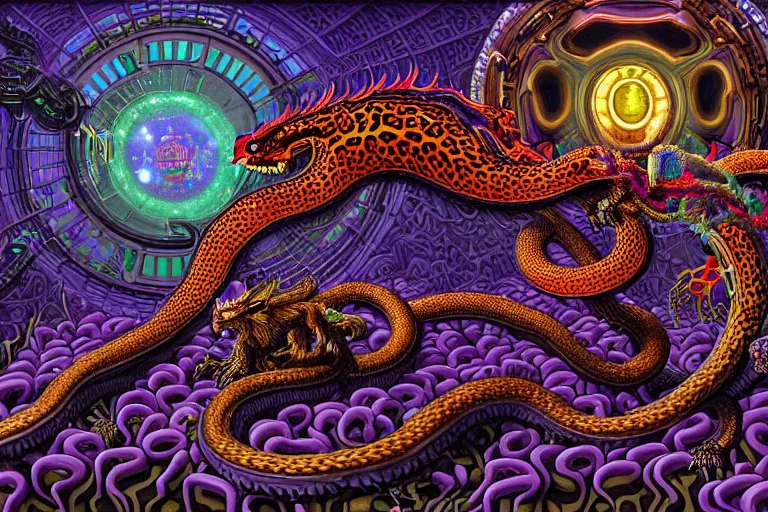 Prompt: a detailed digital art painting of a cyberpunk ornate magick oni dragon with occult futuristic effigy of a beautiful field of mushrooms that is a adorable leopard atomic latent snakes in between ferret biomorphic molecular psychedelic hallucinations in the style of escher, alex grey, stephen gammell inspired by realism, symbolism, magical realism and dark fantasy, crisp