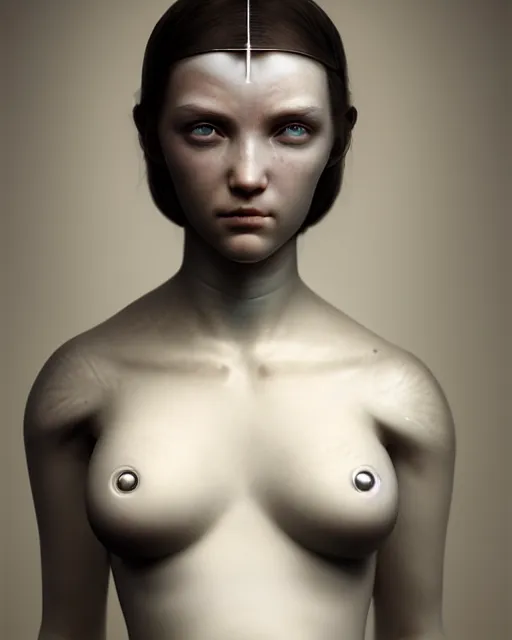 Image similar to dreamy, monochrome, subsurface scattering, white, young beautiful cyborg - goddess in cosmos, octane render, dino valls, mark ryden, joe fenton, michal karcz, highly detailed, rim light, art, cinematic lighting, very coherent, hyper realism, 8 k