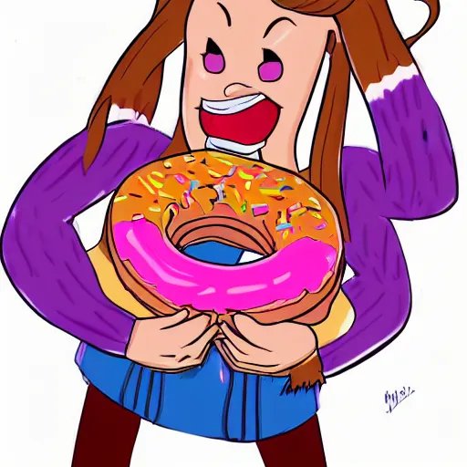 Prompt: Mabel Pines, gravity falls character, eating a donut, colourful, drawing, masterpiece, high detail, digital art