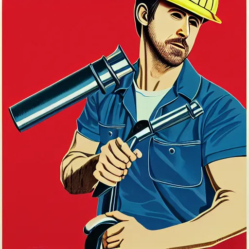 Image similar to realistic portrait of ryan gosling as a soviet mechanic, with a huge wrench, futuristic, highly detailed, 8 0 - s style poster, sharp focus, illustration, art by kawase hasui,