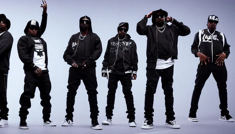 Prompt: full - body action shot of a gangsta rap group n. w. a. in gangsta outfits, posing like gangstas, expensive clothes, stern faces, symmetrical features, fancy cars, compton, l. a., gold and diamond jewelry, urban, afrofuturism in the style of boondocks, highly - detailed, octane render, unreal 5, realism,