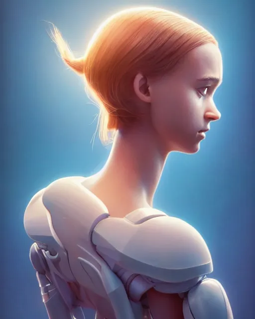 Image similar to weta disney pixar movie still head and torso portrait photo of young alicia vikander as thoughtful white plastic cyborg girl by pixar, by weta, wlop, ilya kuvshinov, rossdraws, artgerm, latex, iridescent, bright morning, anime, liosh, mucha