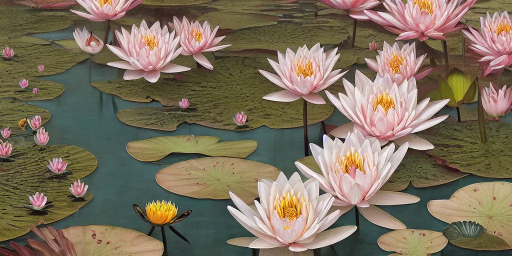 Image similar to breathtaking detailed concept art painting art deco pattern of blonde faces goddesses amalmation water lily flowers with anxious piercing eyes and blend of flowers and birds, by hsiao - ron cheng and john james audubon, bizarre compositions, exquisite detail, extremely moody lighting, 8 k