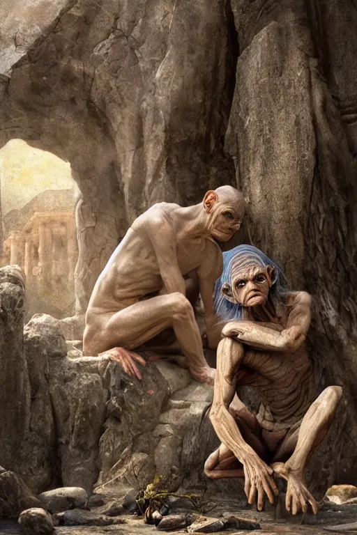 Prompt: gollum visits ancient athens, oil on canvas, intricate, 8 k highly professionally detailed, hdr, cgsociety