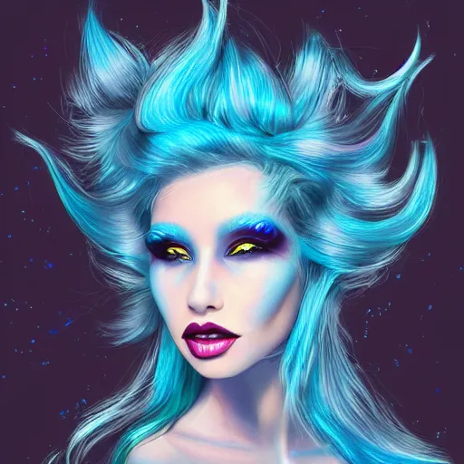 Prompt: Glam hair, 80s hair, Elf girl with blue skin, alien skin, blue elf, blue, blue-skinned elf, green hair, hairspray, big hair, wild hair, glam make-up, 80s, illustration, fantasy art, trending on ArtStation, 1980s fantasy art